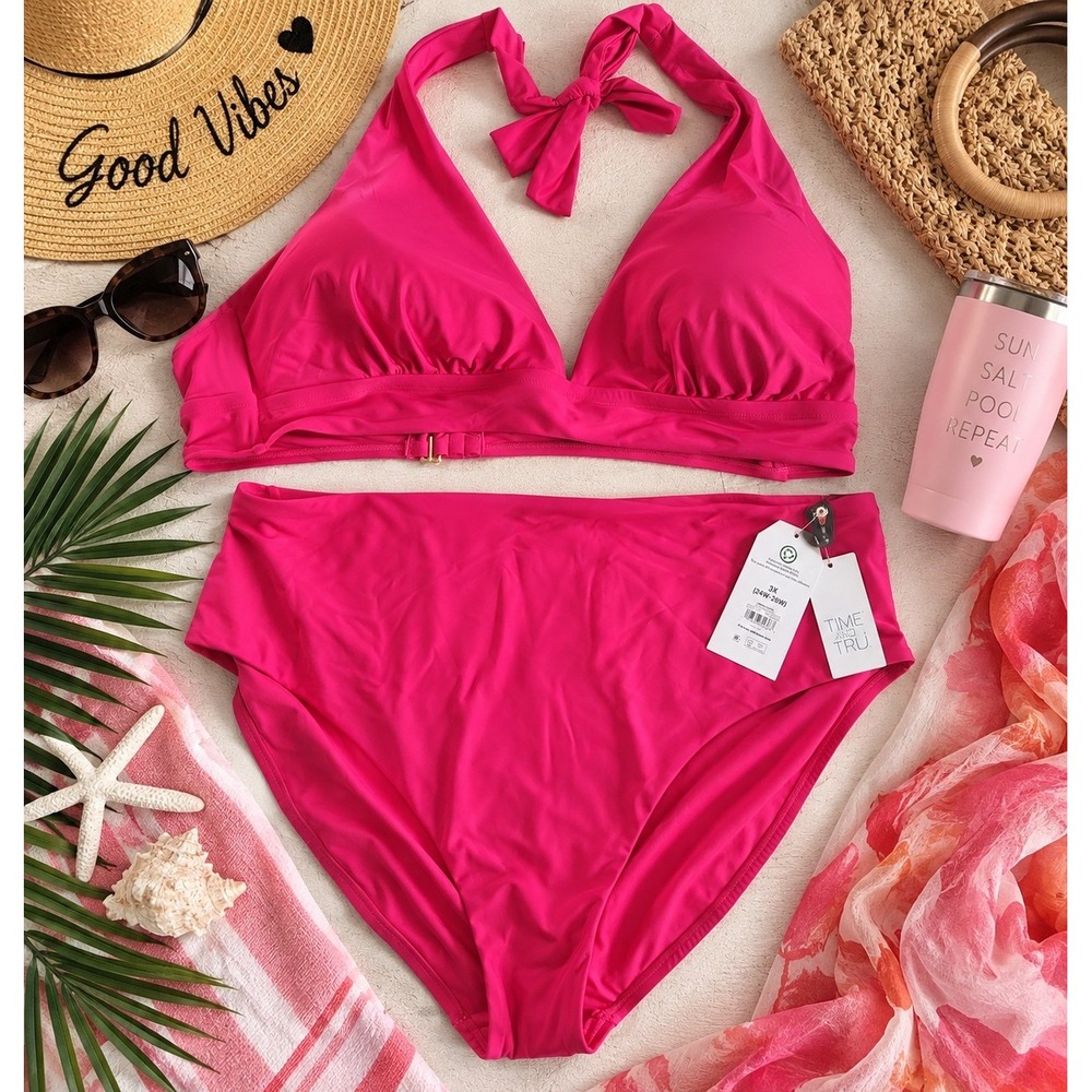 Plus Size 3X Bikini Swimsuit NWT Hot Pink Halter High Waist 2 Piece Time and Tru